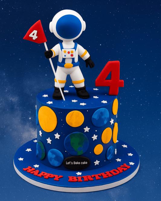 A deep blue space-themed birthday cake with a 3D astronaut topper, planets, stars, and a 'Happy Birthday' message by Let's Bake Cake Abu Dhabi.