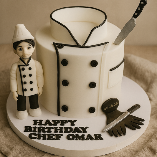 A luxury white cake shaped like a chef's coat with black buttons, featuring a 3D chef figurine and edible knives by Let's Bake Cake Abu Dhabi