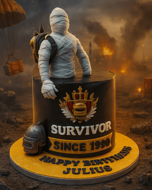 A luxury PUBG-themed birthday cake featuring a hand-sculpted mummy-set character and level-3 helmet by Let's Bake Cake Abu Dhabi