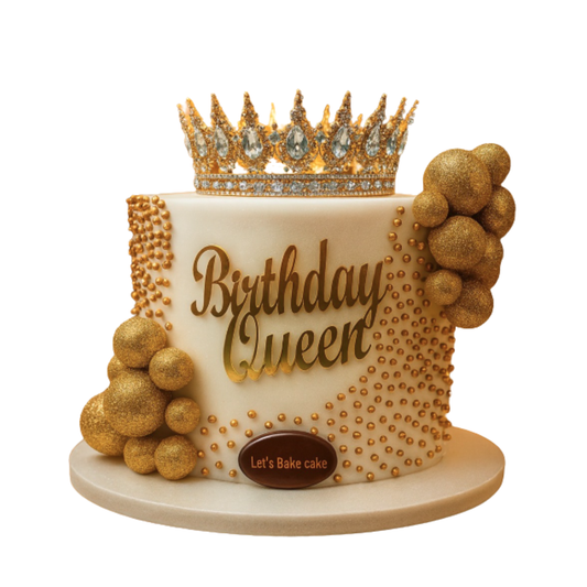A luxury ivory birthday cake decorated with a cascading gold pearl design, a large gold crown, and 'Birthday Queen' lettering by Let's Bake Cake Abu Dhabi.