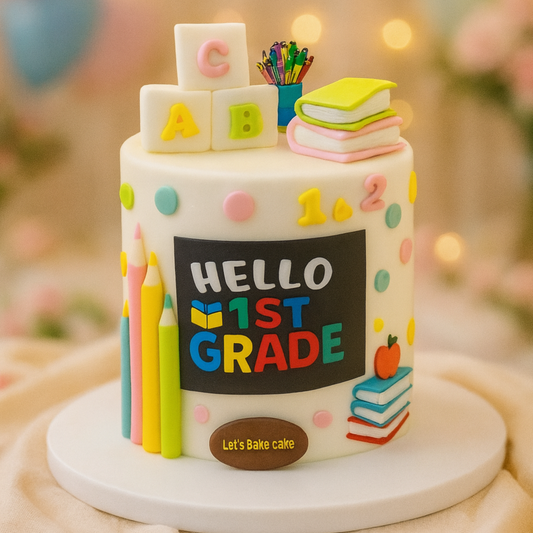 A white school-themed cake with 'Hello 1st Grade' blackboard design, edible pencils, books, and ABC blocks by Let's Bake Cake Abu Dhabi.