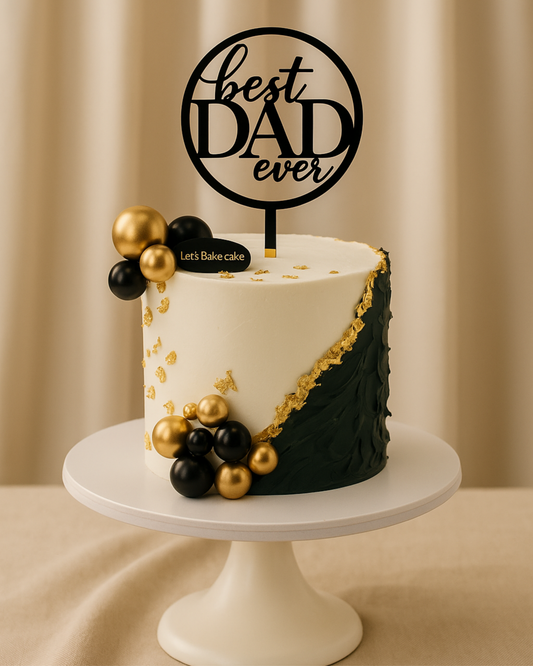 A luxury emerald green and white fault-line cake with gold leaf detailing, black and gold spheres, and a 'Best Dad Ever' topper by Let's Bake Cake Abu Dhabi