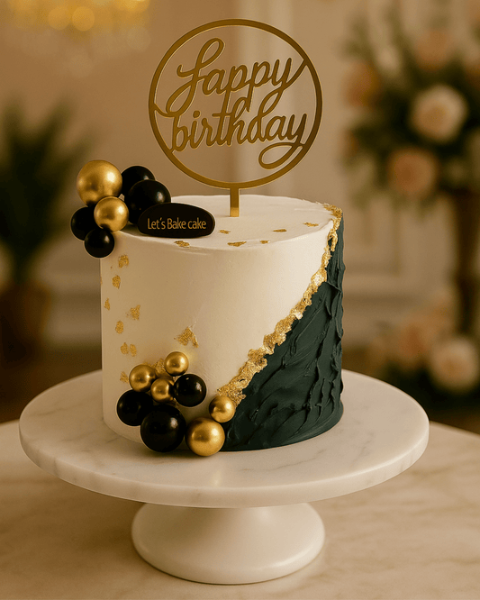 A luxury emerald green and white fault-line birthday cake with gold leaf detailing and black/gold spheres by Let's Bake Cake Abu Dhabi