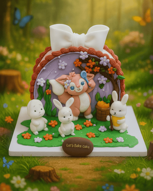 A magical 3D LinaBell and bunnies enchanted forest birthday cake with a large white bow by Let's Bake Cake Abu Dhabi.