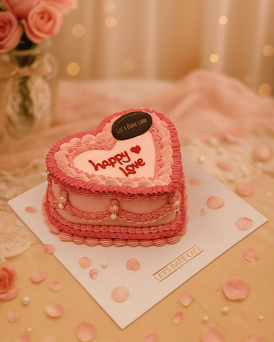 A luxury pink heart-shaped vintage piped cake with 'Happy Love' message and white pearls by Let's Bake Cake Abu Dhabi