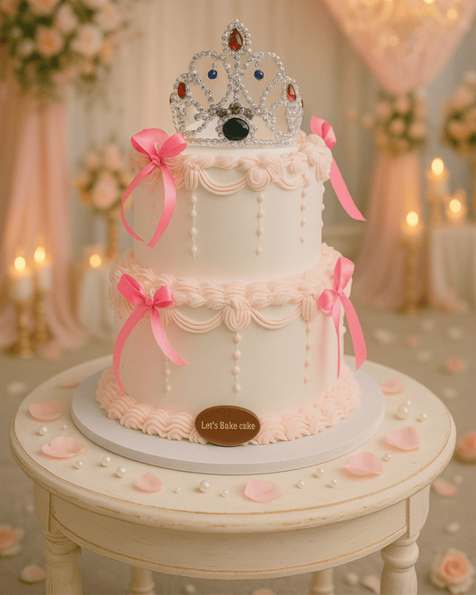 A luxury two-tier pink and white princess birthday cake with vintage piping, satin bows, and a silver jeweled tiara by Let's Bake Cake Abu Dhabi.