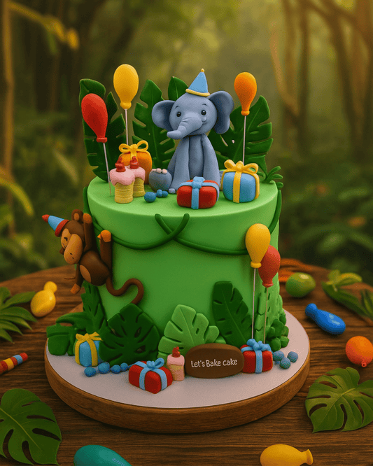 A luxury jungle-themed birthday cake featuring a 3D elephant, a monkey, and tropical leaves by Let's Bake Cake Abu Dhabi