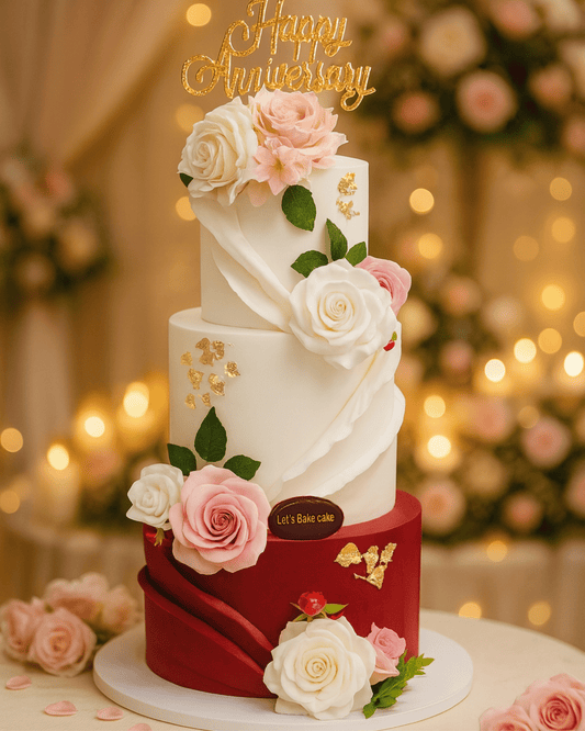 A luxury three-tier anniversary cake in maroon and ivory with gold leaf accents and handcrafted roses by Let's Bake Cake Abu Dhabi
