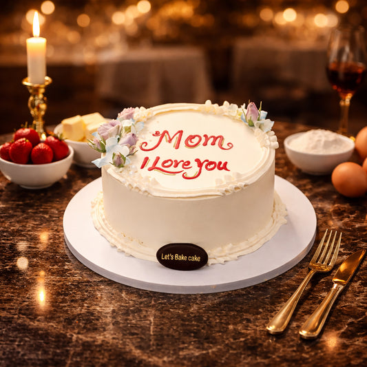 A luxury white celebration cake with 'Mom I Love You' written in red, decorated with pastel flowers, set on a marble table with gold cutlery and candlelight, by Let's Bake Cake Abu Dhabi.