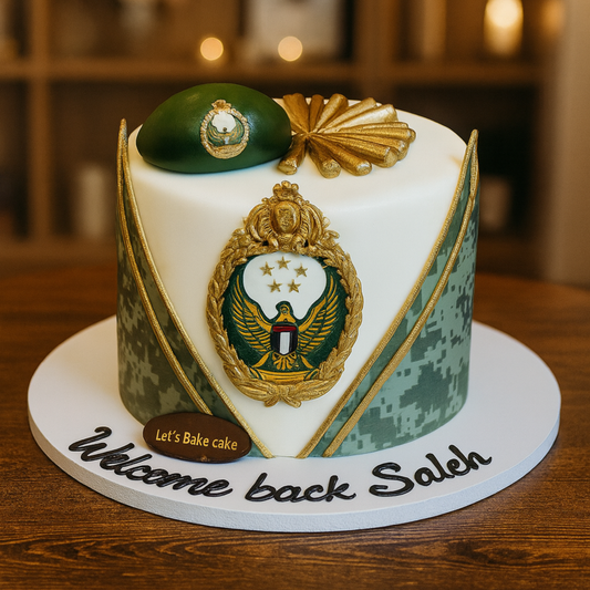 A luxury UAE military-themed cake with digital camouflage, a gold military crest, and a green beret topper by Let's Bake Cake Abu Dhabi.