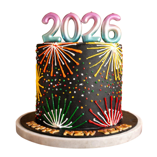A modern black New Year 2026 cake with colorful piped firework designs and holographic number candles by Let's Bake Cake Abu Dhabi.