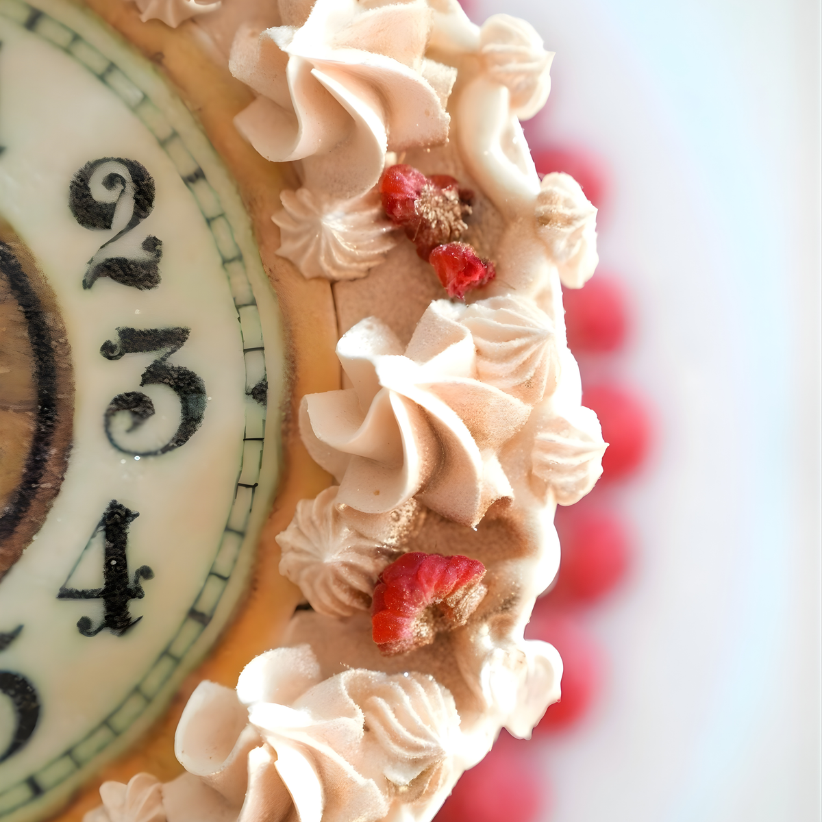 An extreme macro close-up of a vintage clock cake showing professional buttercream piping and detailed numerals by Let's Bake Cake Abu Dhabi