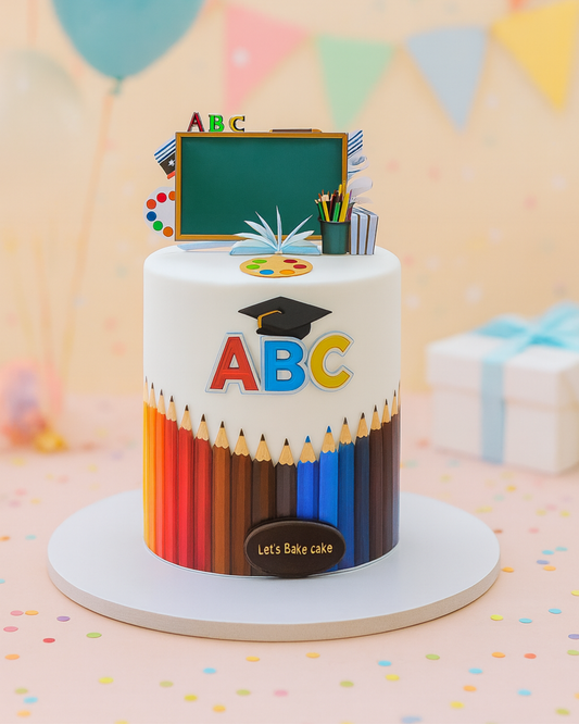 A white graduation cake featuring a colorful pencil border, ABC logo with a graduation cap, and a miniature chalkboard topper by Let's Bake Cake Abu Dhabi
