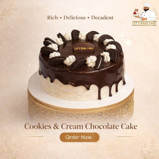 A delicious Cookies & Cream chocolate cake with rich chocolate drip, whipped cream swirls, and Oreo cookie toppings, handcrafted by Let's Bake Cake in Abu Dhabi