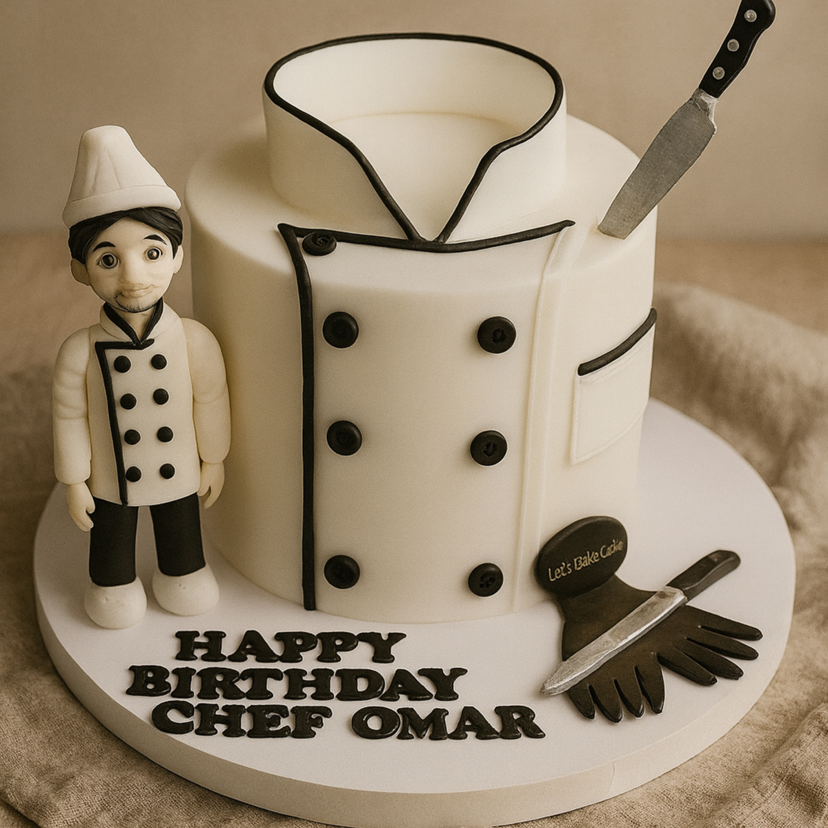 A luxury white cake shaped like a chef's coat with black buttons, featuring a 3D chef figurine and edible knives by Let's Bake Cake Abu Dhabi