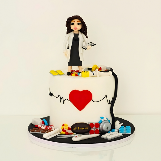 A premium custom medical theme cake featuring a female doctor fondant topper, stethoscope, pills, and a red heart with ECG line by Let's Bake Cake Abu Dhabi.