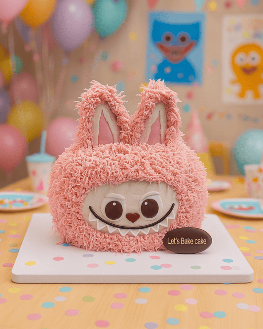 A fluffy pink monster-themed birthday cake with textured fur piping and a cute smiling face by Let's Bake Cake Abu Dhabi.