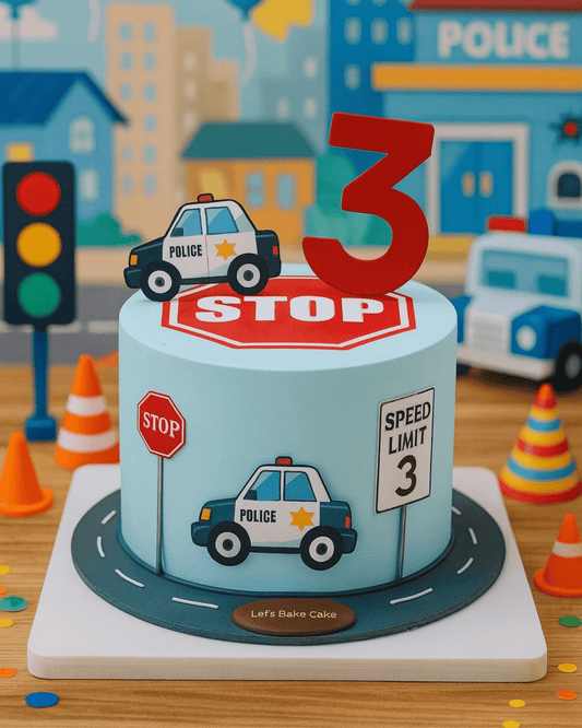 A light blue police-themed birthday cake for a 3-year-old, featuring police cars, stop signs, and a road-design base by Let's Bake Cake Abu Dhabi.