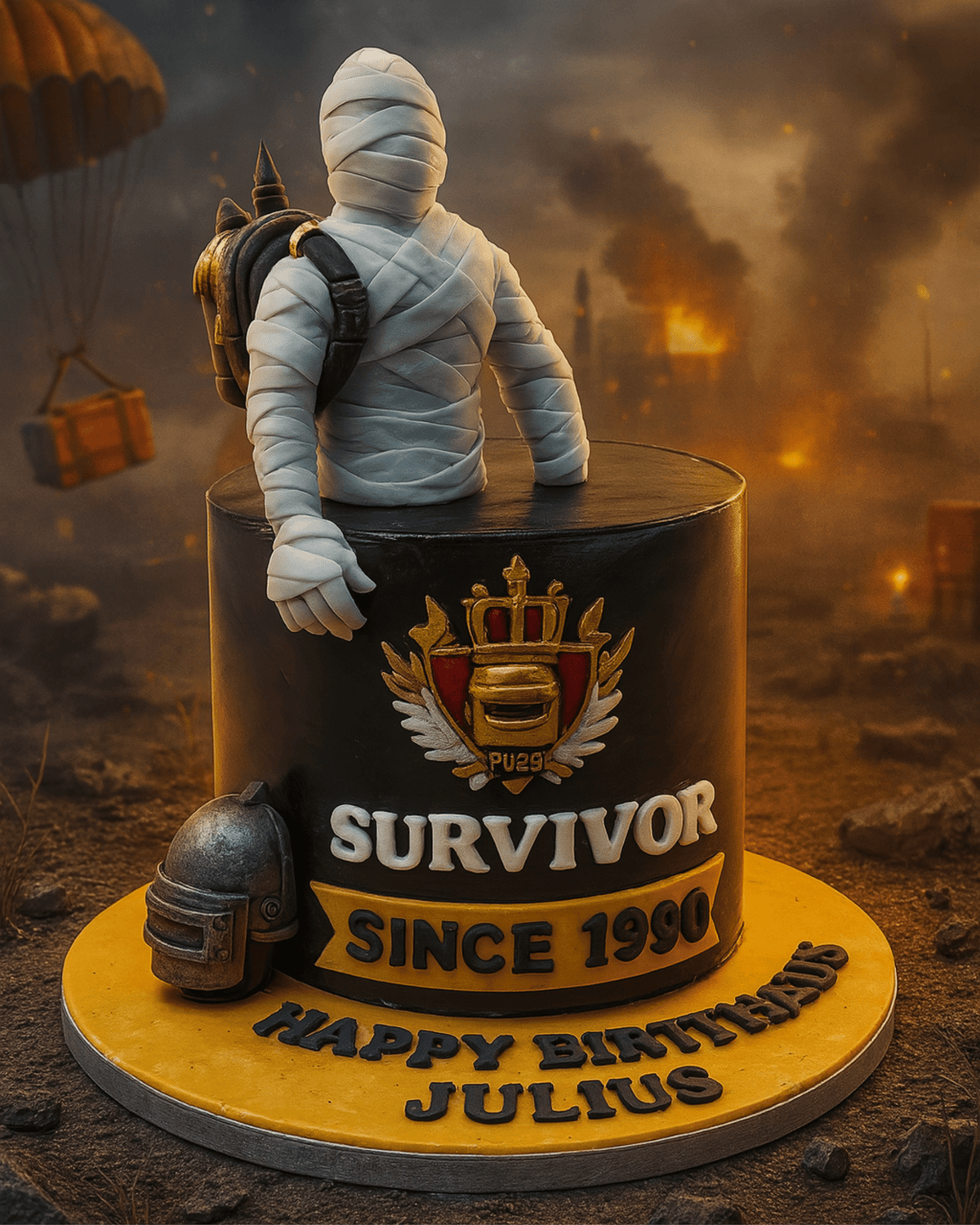 A luxury PUBG-themed birthday cake featuring a hand-sculpted mummy-set character and level-3 helmet by Let's Bake Cake Abu Dhabi