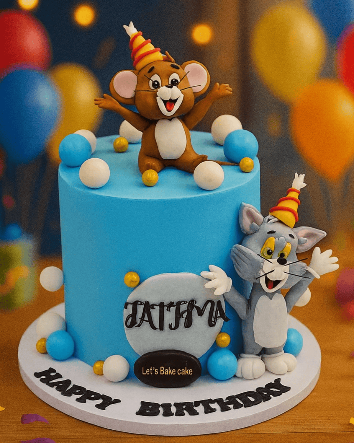 A sky-blue birthday cake featuring 3D Tom and Jerry figurines, colorful spheres, and a 'Happy Birthday' message by Let's Bake Cake Abu Dhabi