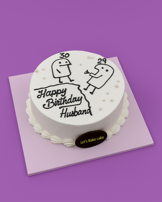 A white minimalist birthday cake for a husband featuring funny Flork meme characters and edible pearls by Let's Bake Cake Abu Dhabi