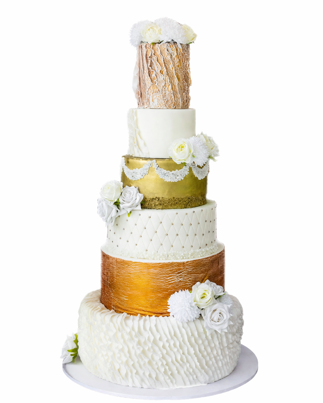 Magnificent 6-tier grand wedding cake with luxury gold leaf finishing, white cream ruffles, quilted texture, and fresh floral accents, designed for high-end celebrations by Let's Bake Cake in Abu Dhabi.
