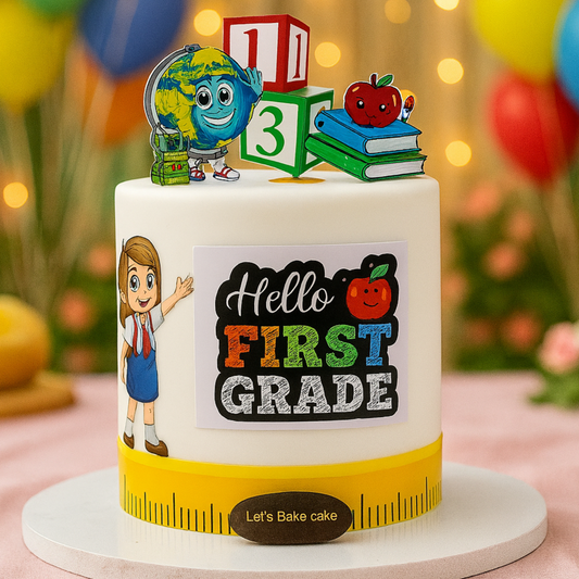 A white school-themed birthday cake with 'Hello First Grade' sign, featuring a world globe, number blocks, and a ruler border by Let's Bake Cake Abu Dhabi.