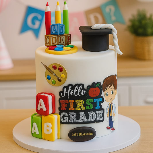A luxury white cake for first grade graduation featuring a 3D grad cap, alphabet blocks, paint palette, and a schoolboy character by Let's Bake Cake Abu Dhabi