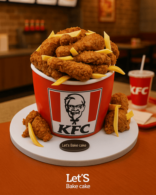 A hyper-realistic novelty cake designed to look like a KFC fried chicken bucket with edible chicken pieces and fries by Let's Bake Cake Abu Dhabi.