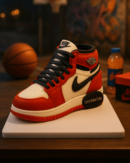A hyper-realistic Nike Air Jordan 1 sneaker cake in red, white, and black with intricate stitching details by Let's Bake Cake Abu Dhabi.