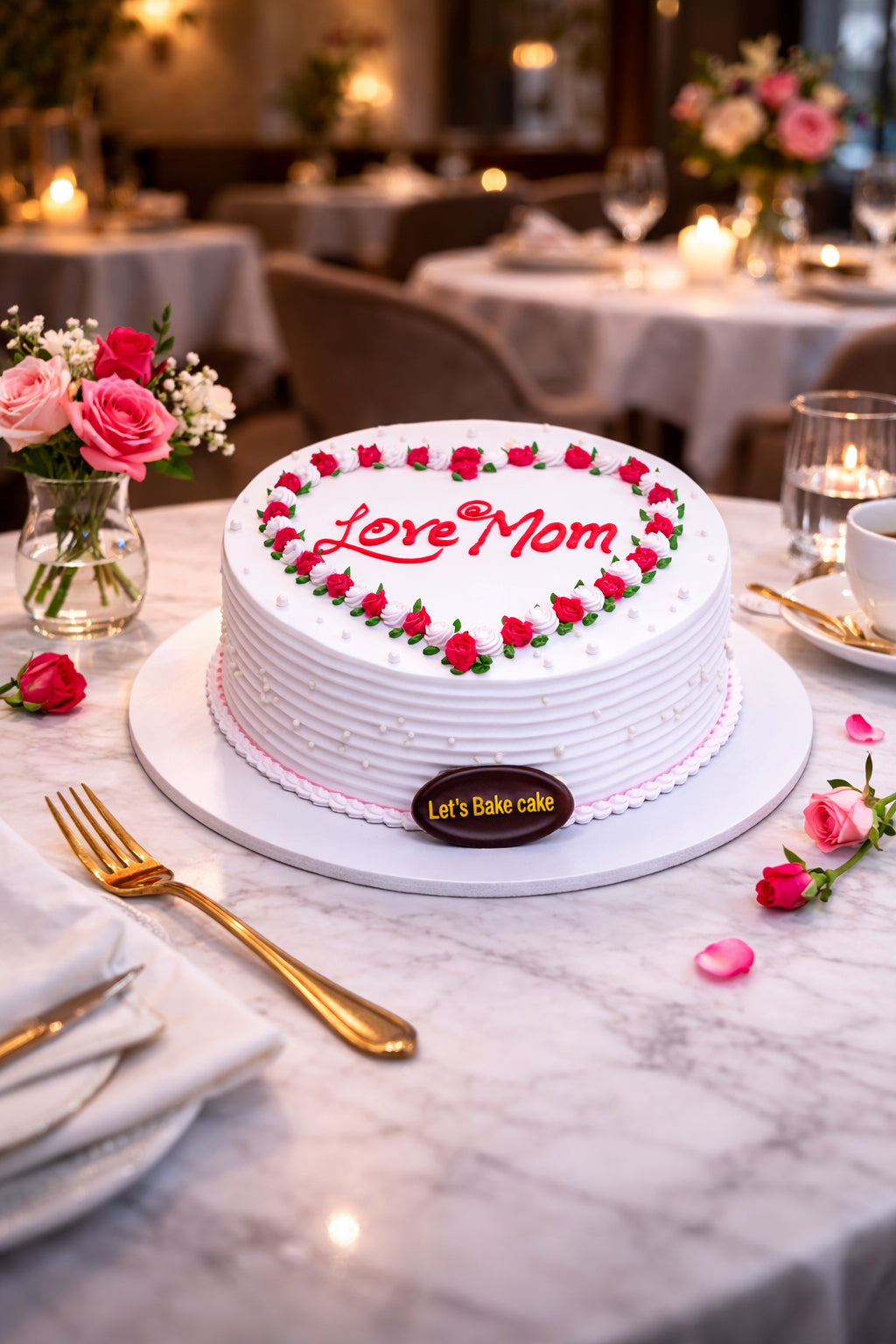 A luxury white celebration cake with 'Love Mom' written in red, decorated with a heart-shaped border of red rose-buds, set on a marble table with gold cutlery in a premium Abu Dhabi restaurant, by Let's Bake Cake.