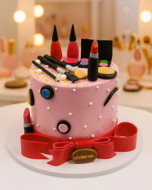 A luxury pink makeup-themed birthday cake featuring 3D edible lipsticks, eyeshadows, and brushes by Let's Bake Cake Abu Dhabi.