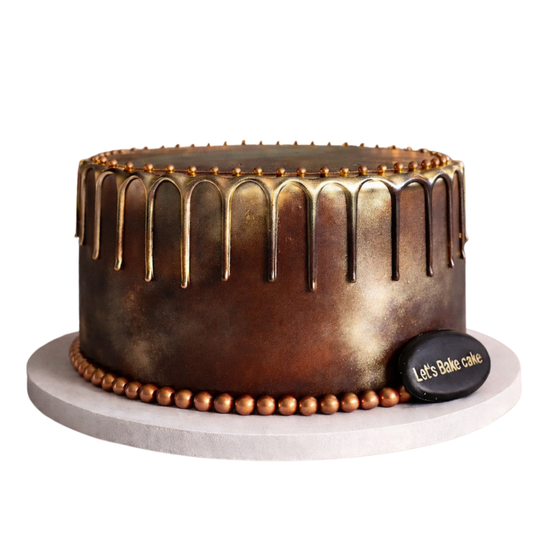 A luxury dark chocolate cake with antique gold drip arches and a pearl border for a man's birthday by Let's Bake Cake Abu Dhabi.