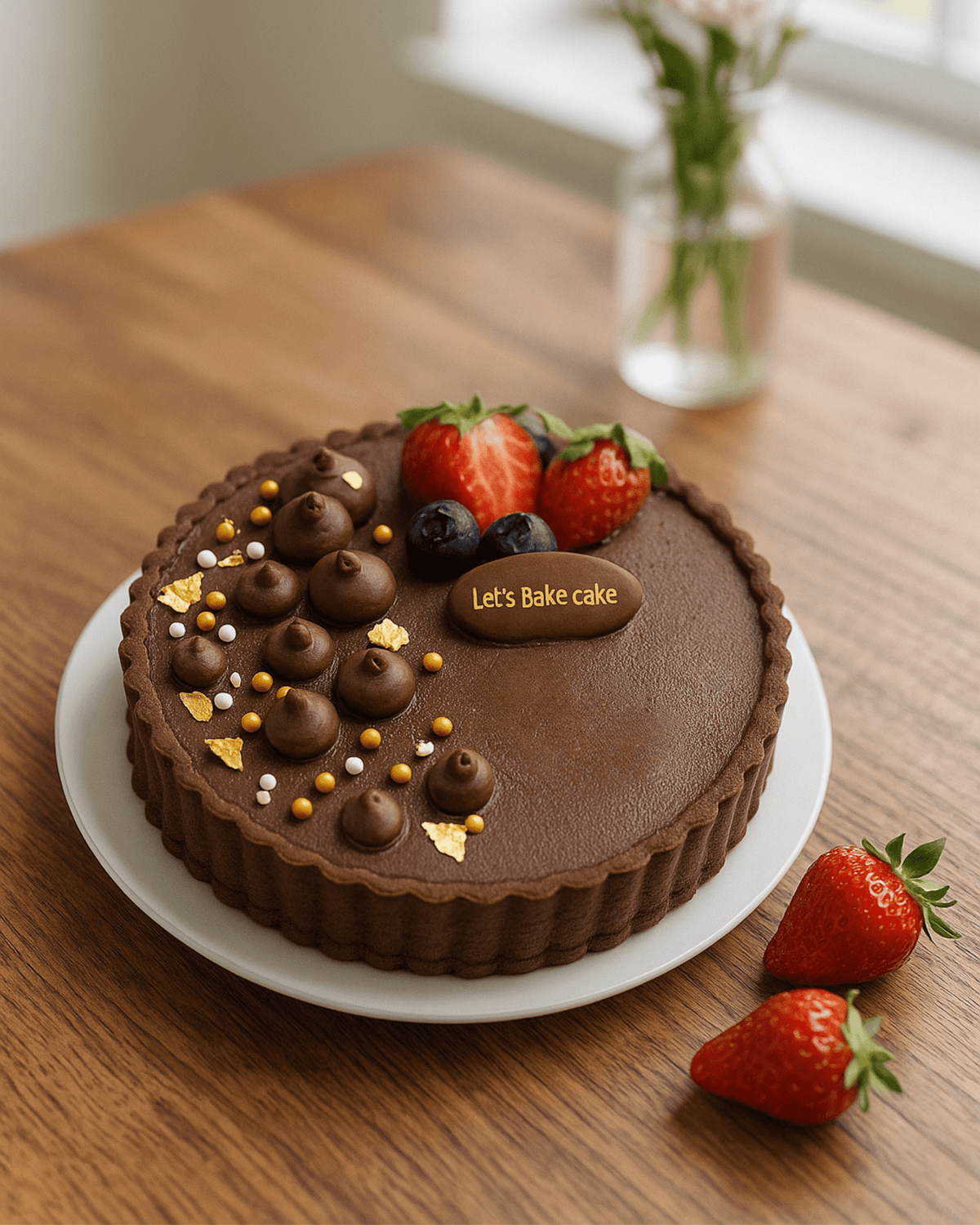 A luxury Belgian chocolate ganache tart topped with fresh strawberries, blueberries, and gold leaf by Let's Bake Cake Abu Dhabi.