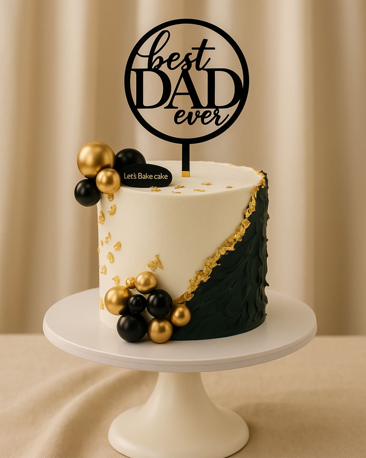 A luxury emerald green and white fault-line cake with gold leaf detailing, black and gold spheres, and a 'Best Dad Ever' topper by Let's Bake Cake Abu Dhabi