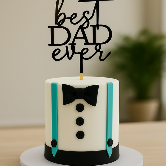 A luxury white cake with teal suspenders, a black bow tie, and 'Best Dad Ever' topper by Let's Bake Cake Abu Dhabi