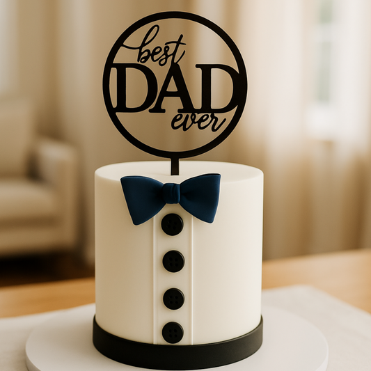 A luxury white tuxedo-themed cake with a navy blue bow tie and 'Best Dad Ever' topper by Let's Bake Cake Abu Dhabi.
