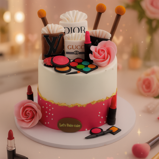 A luxury makeup and designer brand themed birthday cake featuring Dior, Gucci, and LV shopping bags by Let's Bake Cake Abu Dhabi.