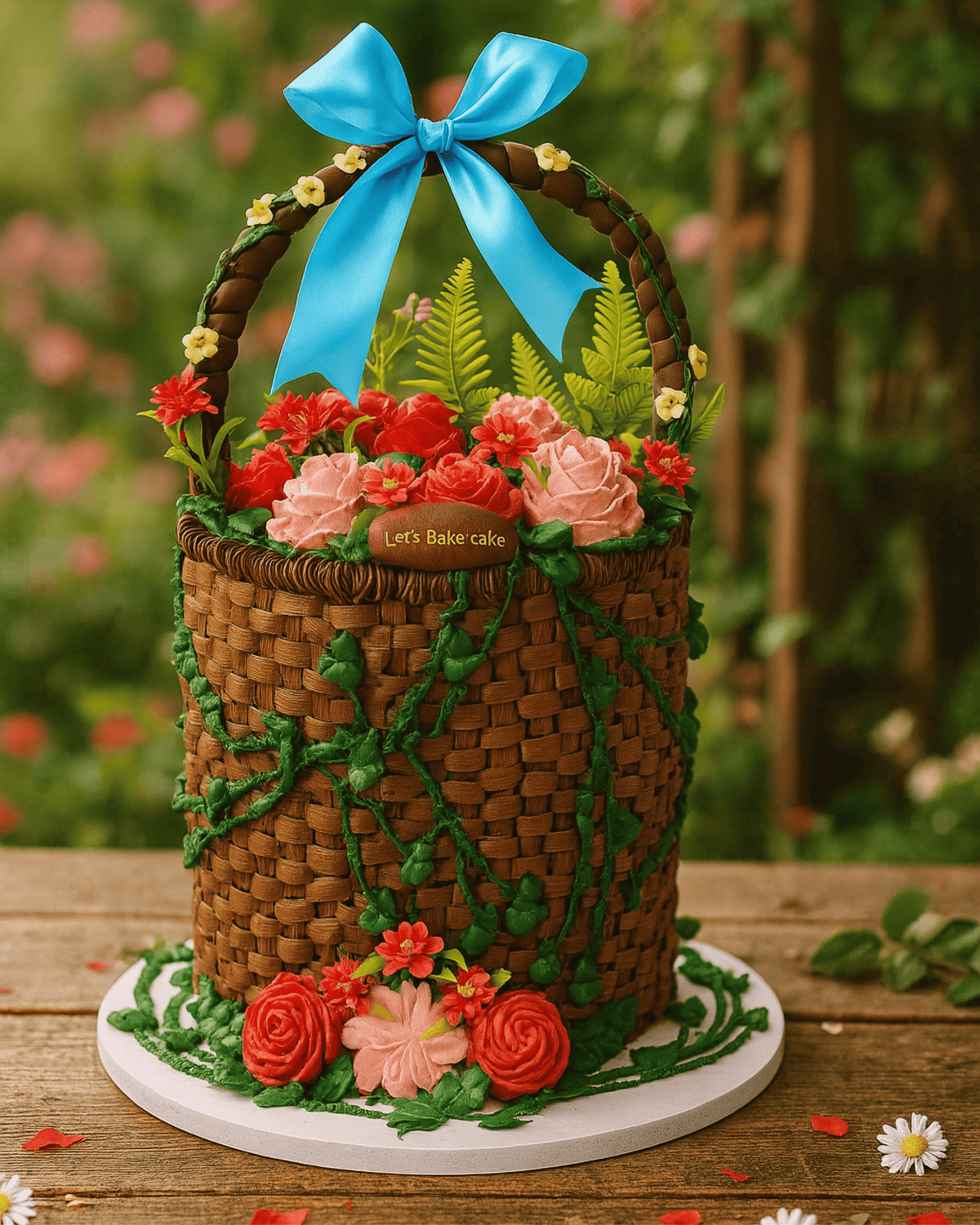 A luxury basket-weave piped cake overflowing with hand-piped pink and red roses and a blue satin bow by Let's Bake Cake Abu Dhabi