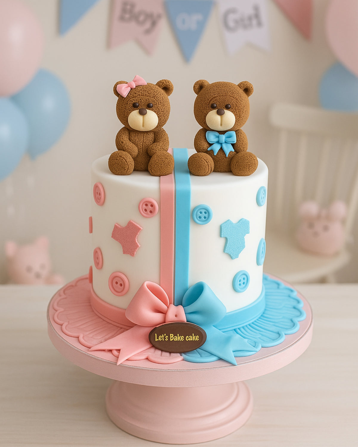 A luxury gender reveal cake featuring two textured teddy bears, pastel pink and blue decorations, and a large dual-tone bow by Let's Bake Cake Abu Dhabi