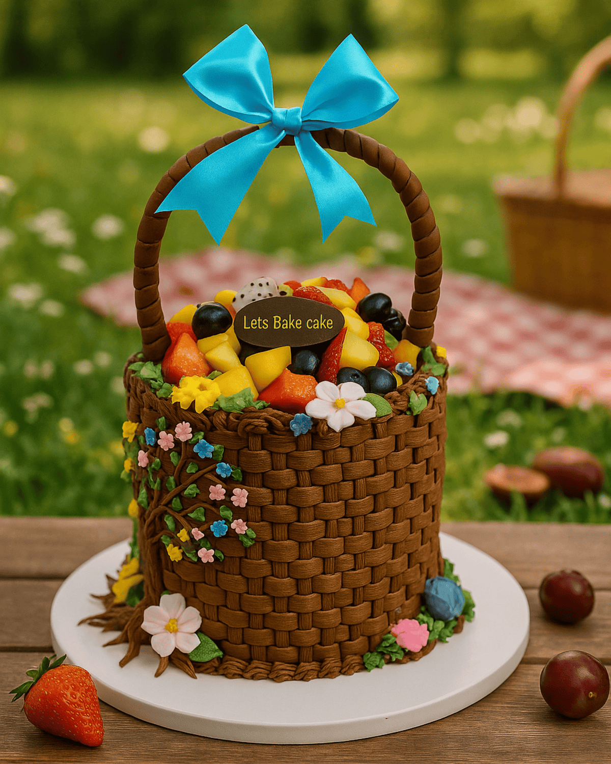 A luxury hand-woven chocolate basket cake overflowing with fresh tropical fruits and decorated with sugar flowers and a blue bow by Let's Bake Cake Abu Dhabi