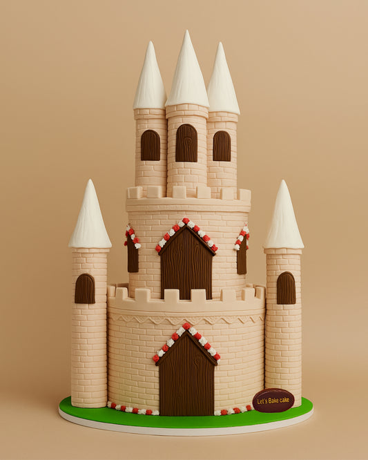 A grand 3D fairytale castle birthday cake with intricate brick detailing, towers, and wooden doors by Let's Bake Cake Abu Dhabi.