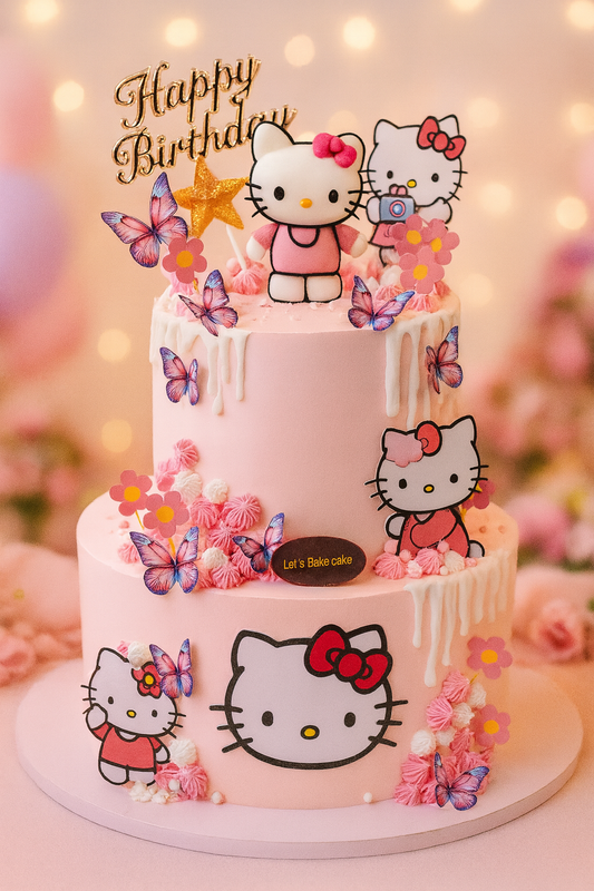 A luxury two-tiered pink Hello Kitty birthday cake with white chocolate drips, butterflies, and a gold 'Happy Birthday' topper by Let's Bake Cake Abu Dhabi.