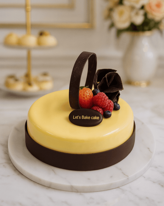 A luxury mango mirror glaze entremet cake with chocolate loops and fresh berries on a marble surface by Let's Bake Cake Abu Dhabi