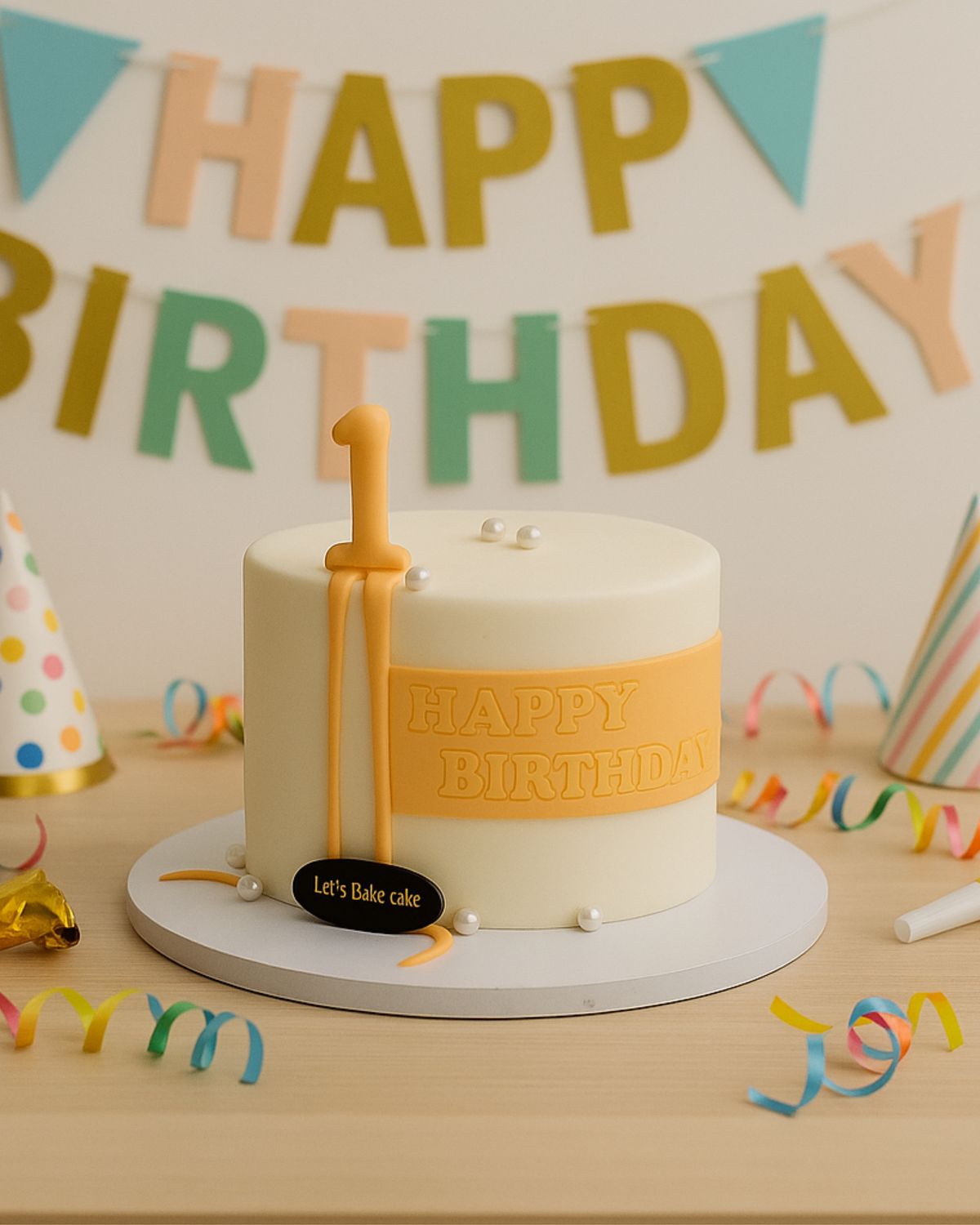 A luxury minimalist first birthday cake in ivory and ochre yellow with edible pearls by Let's Bake Cake Abu Dhabi