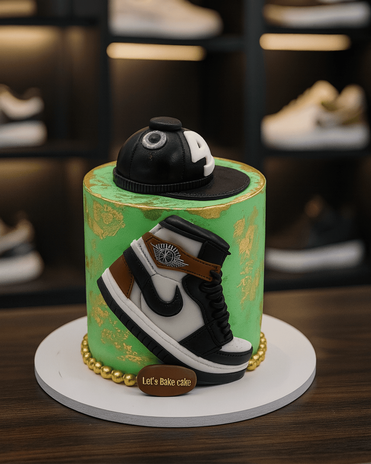 A luxury mint green and gold birthday cake featuring a 3D Nike Air Jordan sneaker and a black snapback hat by Let's Bake Cake Abu Dhabi.