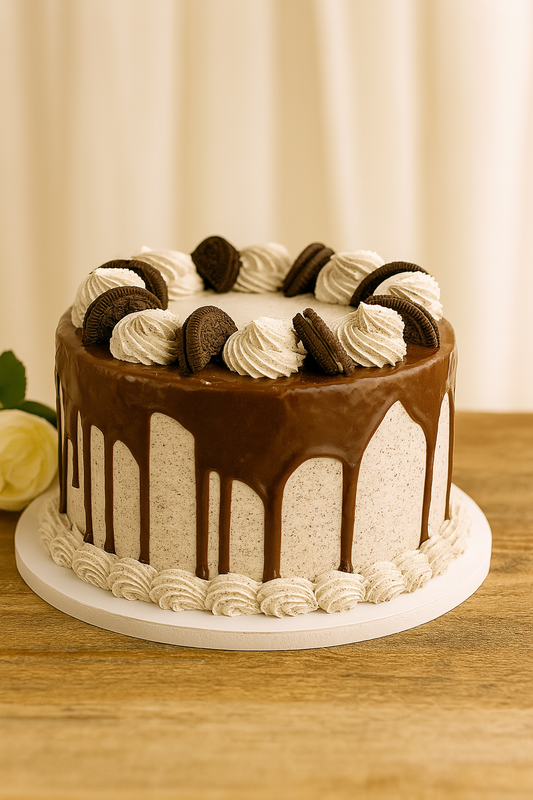 A luxury Oreo cookies and cream drip cake with chocolate ganache and cream swirls by Let's Bake Cake Abu Dhabi.