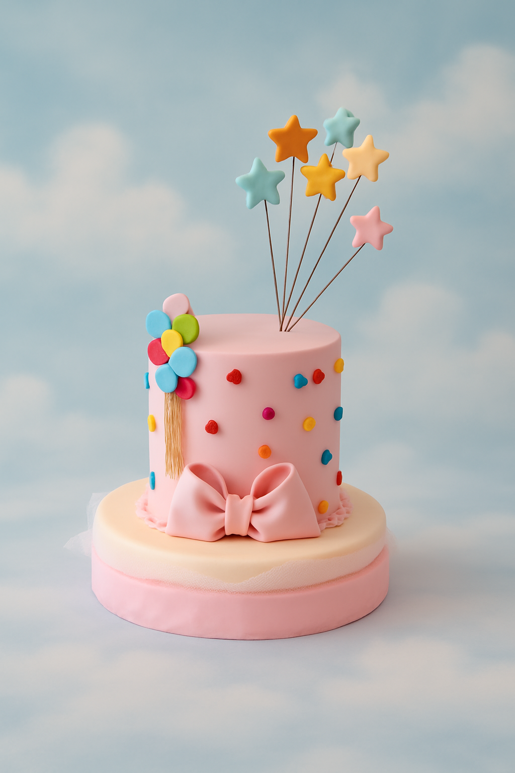 A luxury soft pink birthday cake with multi-colored dots, a large pink bow, and pastel star toppers by Let's Bake Cake Abu Dhabi.