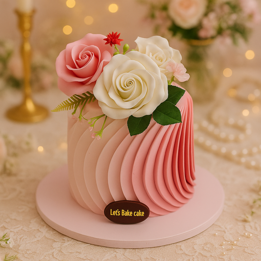 A luxury pink ombre cake with vertical pleated texture, topped with large handcrafted roses by Let's Bake Cake Abu Dhabi.