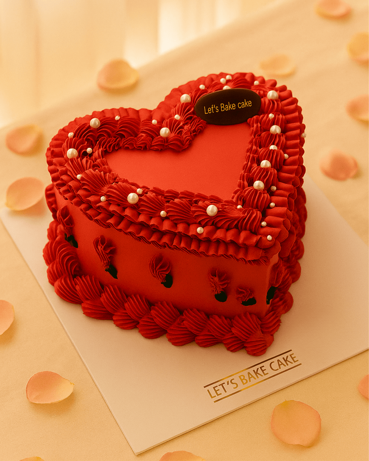 A luxury heart-shaped vintage piped cake in vibrant red with white pearls by Let's Bake Cake Abu Dhabi.